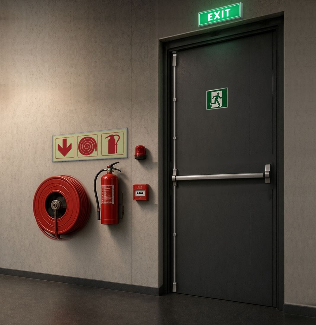 Fire door with exit sign, hose reel and extinguisher